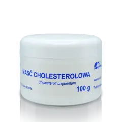 Biały słoiczek z niebieskim napisem "MAŚĆ CHOLESTEROLOWA" i informacją o wadze 100 g.