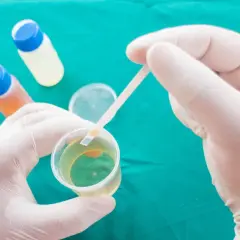 Badanie moczu w ciąży: test paskowy zanurzony w próbce, ocena leukocytów.