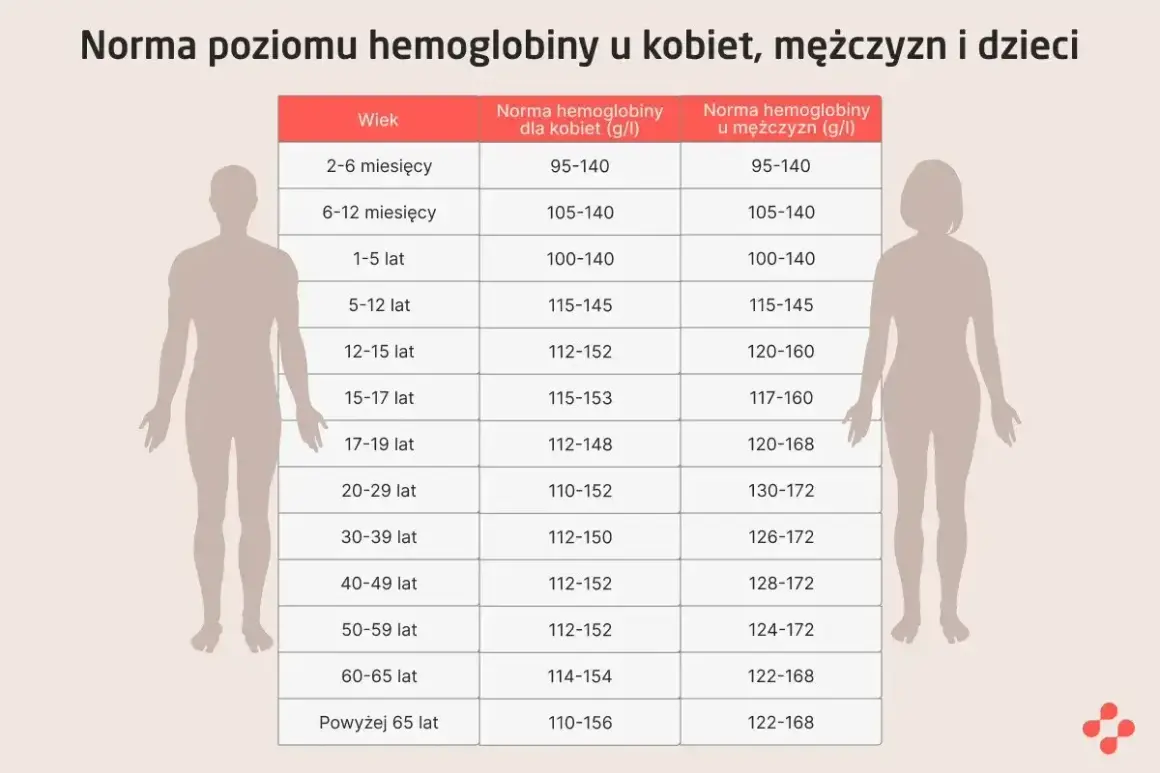 Tabela norm hemoglobiny (hgb) dla kobiet, mężczyzn i dzieci. Morfologia krwi określa te wartości.