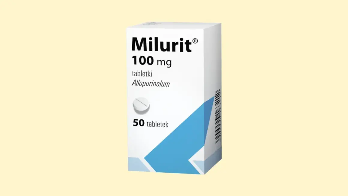 Opakowanie leku Milurit 100 mg, zawierające 50 tabletek z alopurynolem. Stosowany w leczeniu dny moczanowej i innych stanów związanych z nadmiarem kwasu moczowego.