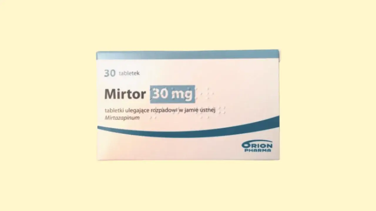 Opakowanie leku MirtoR 30 mg, zawierające tabletki ulegające rozpadowi w jamie ustnej. Mirtazapina to substancja czynna.