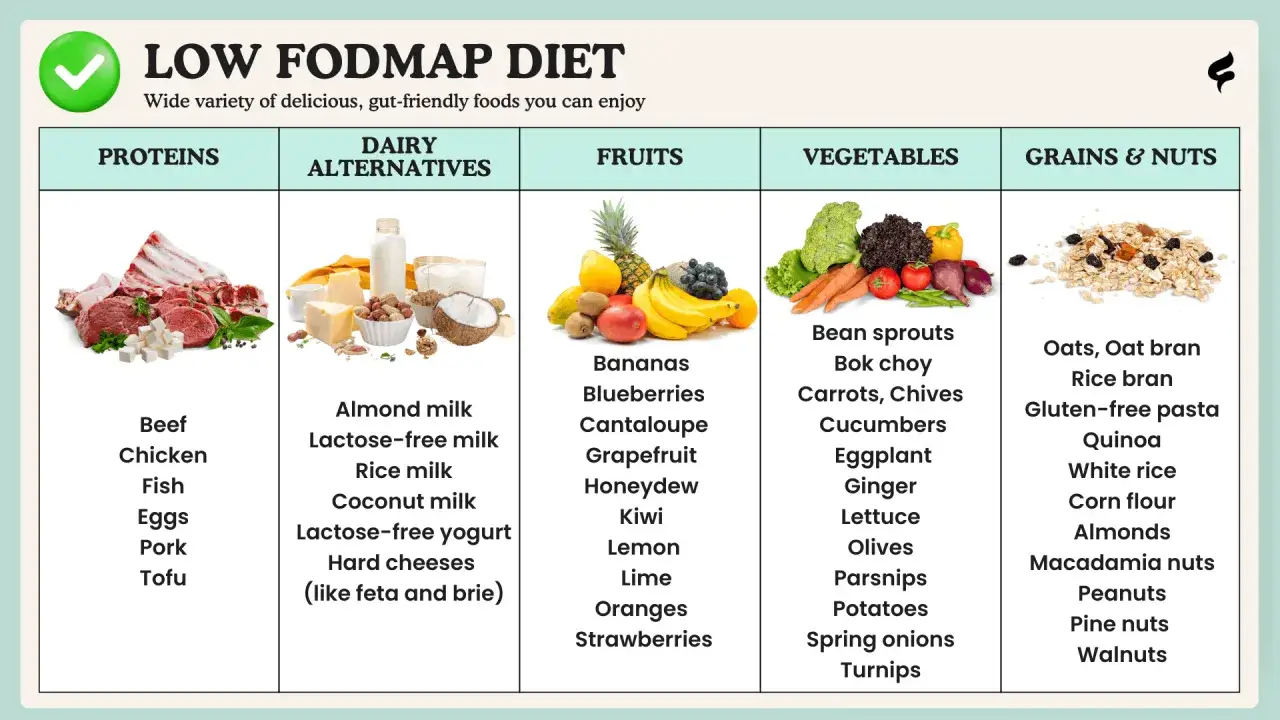 Tabela produktów dozwolonych w diecie low fodmap: białka, nabiał bez laktozy, owoce, warzywa i zboża.