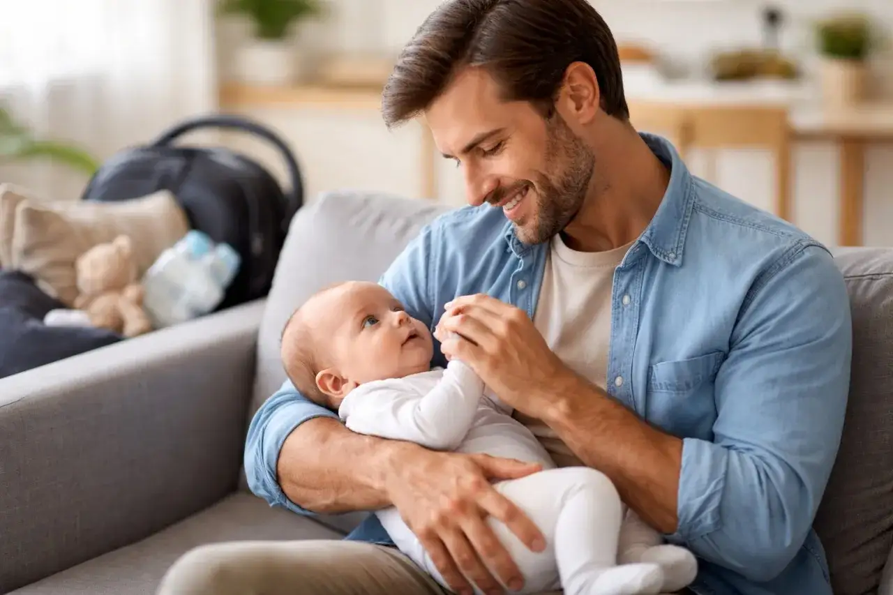 Ojciec trzyma na rękach dziecko, które patrzy na niego z zaciekawieniem. Uśmiech ojca rozprasza wszelkie baby blues.