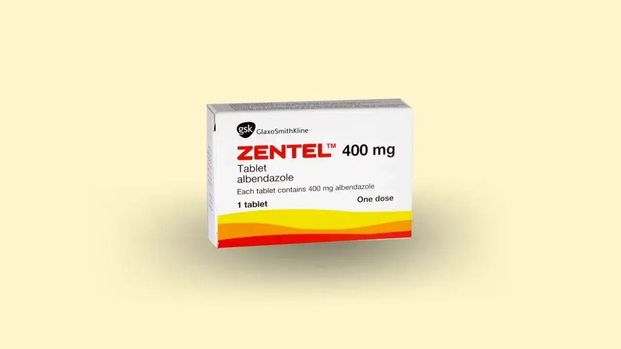 Opakowanie Zentel 400 mg, tabletka z albendazolem, dostępna bez recepty, jak Vermox. Jedna dawka.