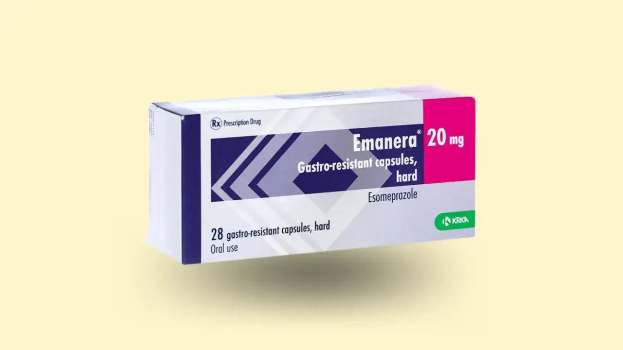 Opakowanie leku Emanera 20 mg, zawierające 28 kapsułek, stosowane doustnie.
